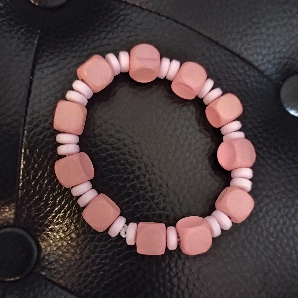 Pink Wooden & Clay Beaded Bracelet Mix Media Stretchy String